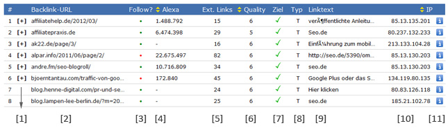 Auswertungstabelle Backlinktest.com