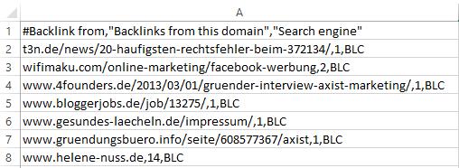 Ausschnitt Ergebnisse CSV Datei